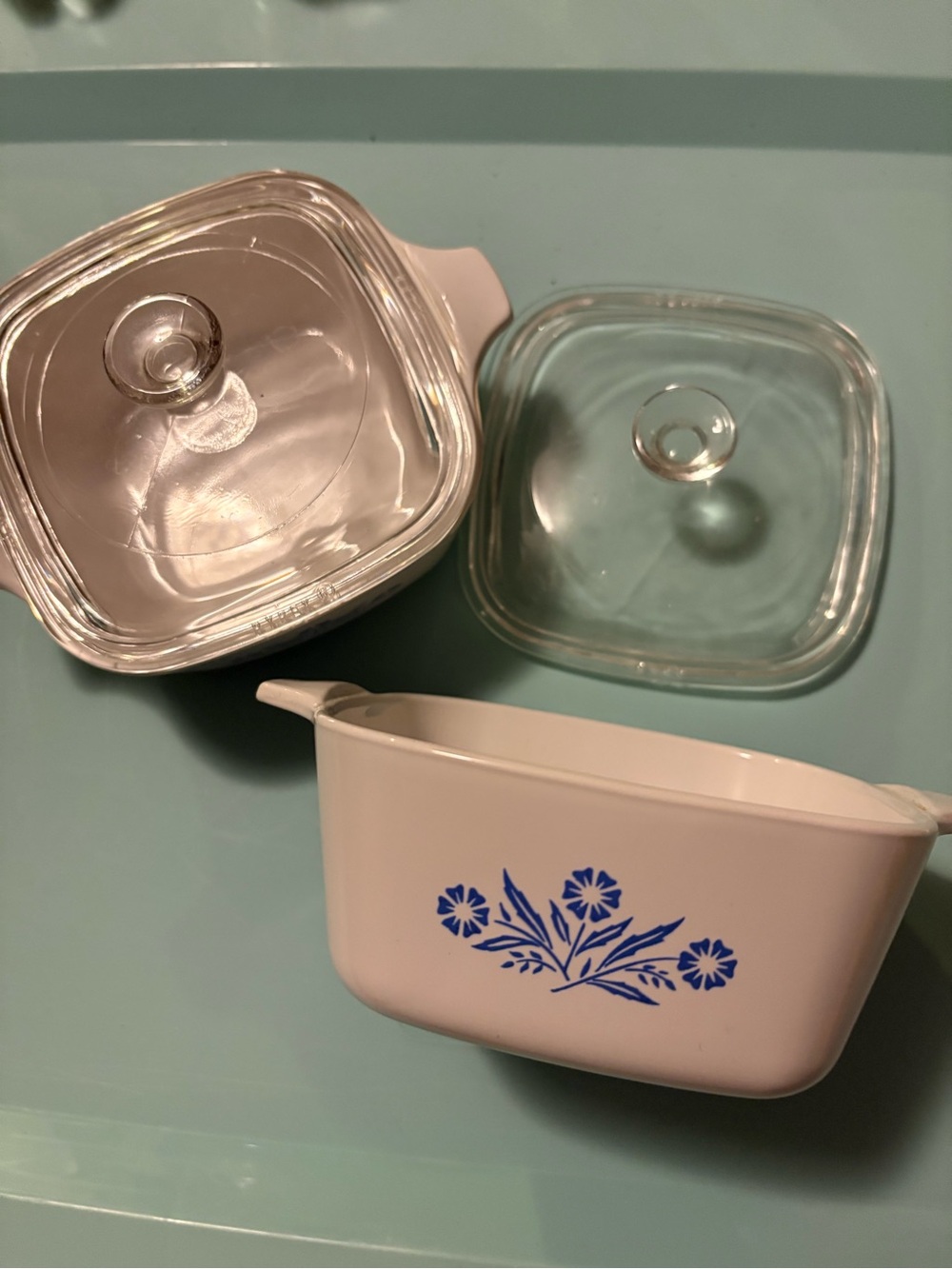 Two Vtg Corning ware Blue Floral 2-3/4 cup Casserole Dishes w/Glass Lids